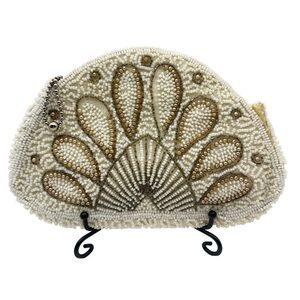 Vintage Hand Beaded Art Deco Clutch Wristlet Half Moon Shell Shape Ivory Bell